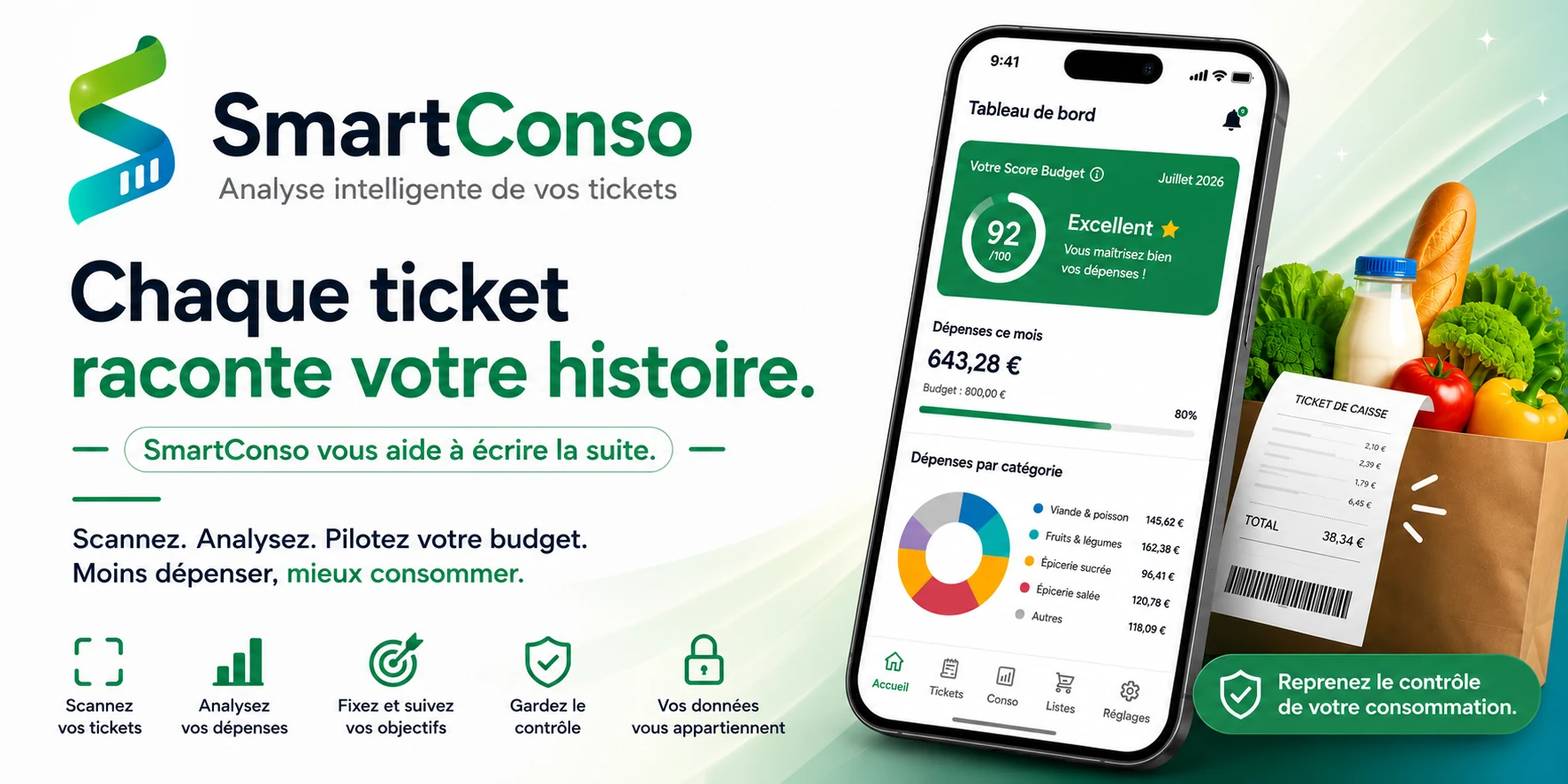 Présentation de l’application SmartConso avec tableau de bord, ticket de caisse et produits alimentaires