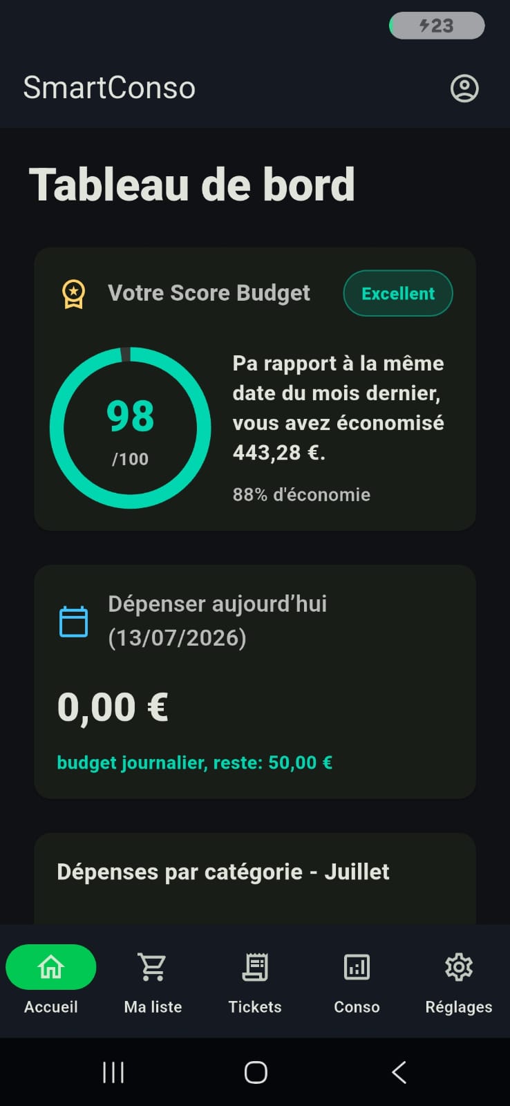 Écran d’accueil SmartConso avec le score budget