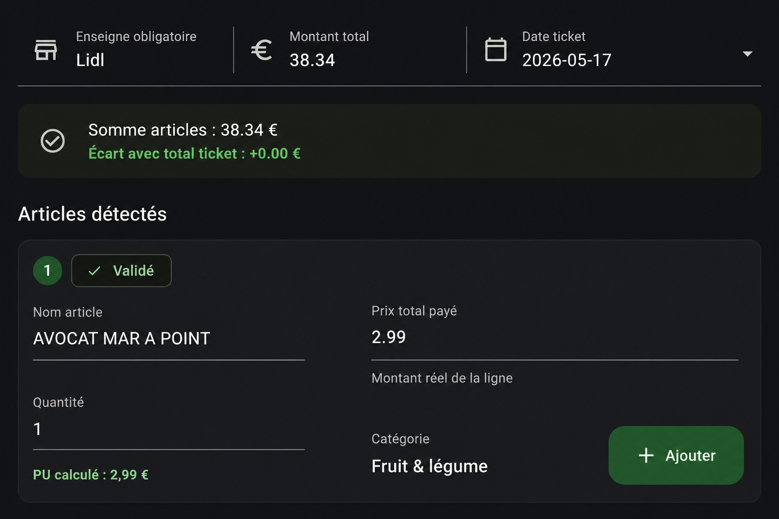 Écran SmartConso de validation d’un ticket de caisse